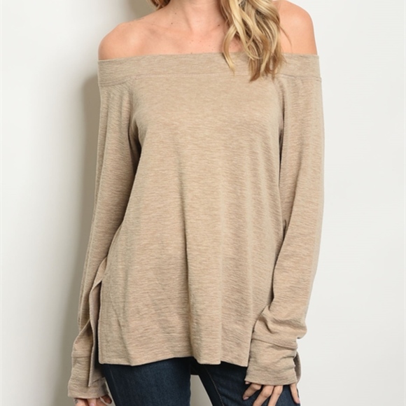 MOCHA OFF SHOULDER TUNIC KNIT TOP - Picture 2 of 5